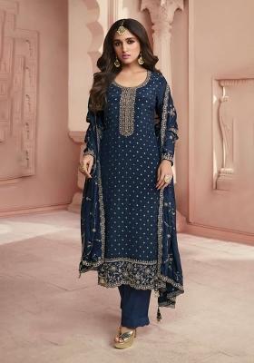 Navy Blue Embroidered Silk Kurta Set