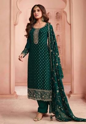 Dark Green Embroidered Silk Kurta Set