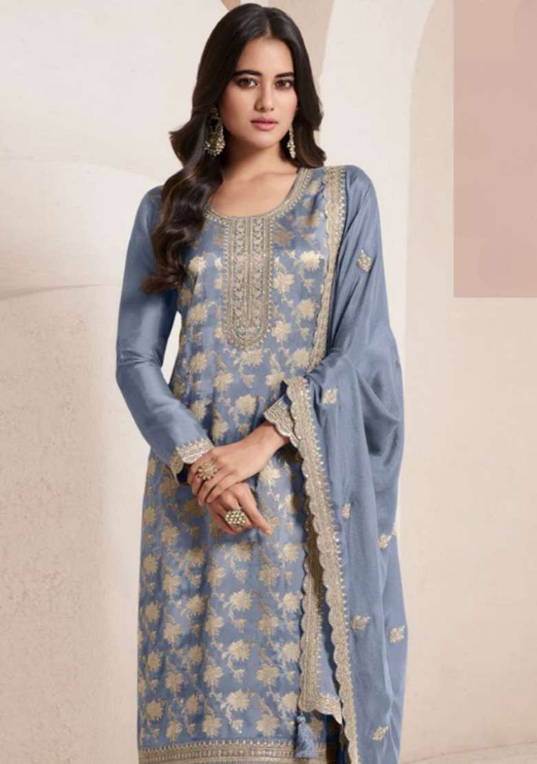 Blue Sequin Work Viscose Kurta Set - Indya