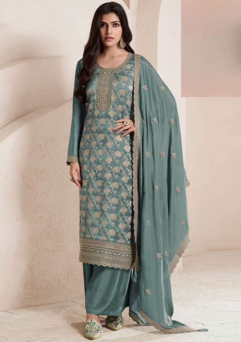 Sky Blue Sequin Work Viscose Kurta Set - Indya