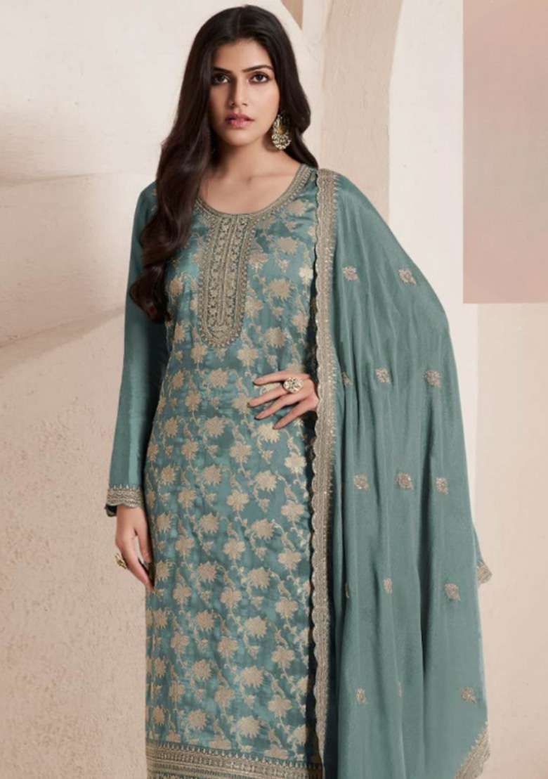 Sky Blue Sequin Work Viscose Kurta Set - Indya