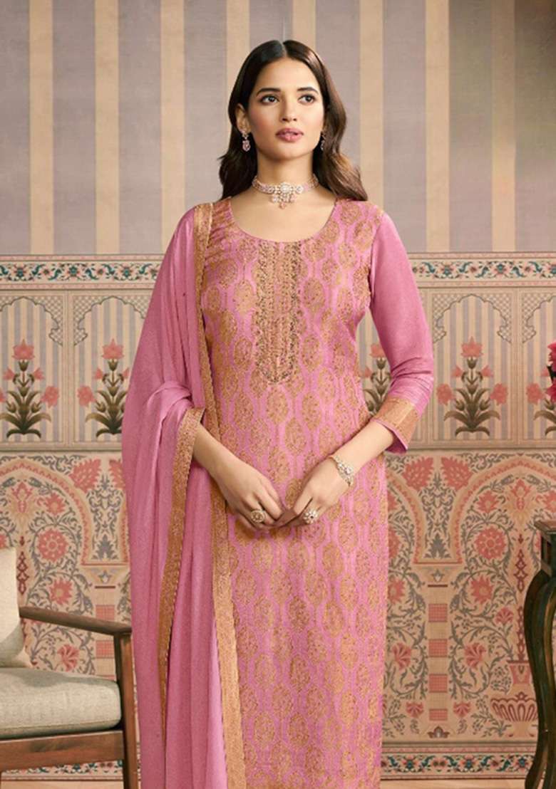 Pink Jacquard Viscose Kurta Set - Indya