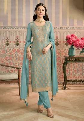 Sky Blue Jacquard Viscose Kurta Set