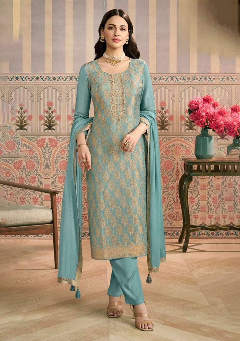 Sky Blue Jacquard Viscose Kurta Set - Indya