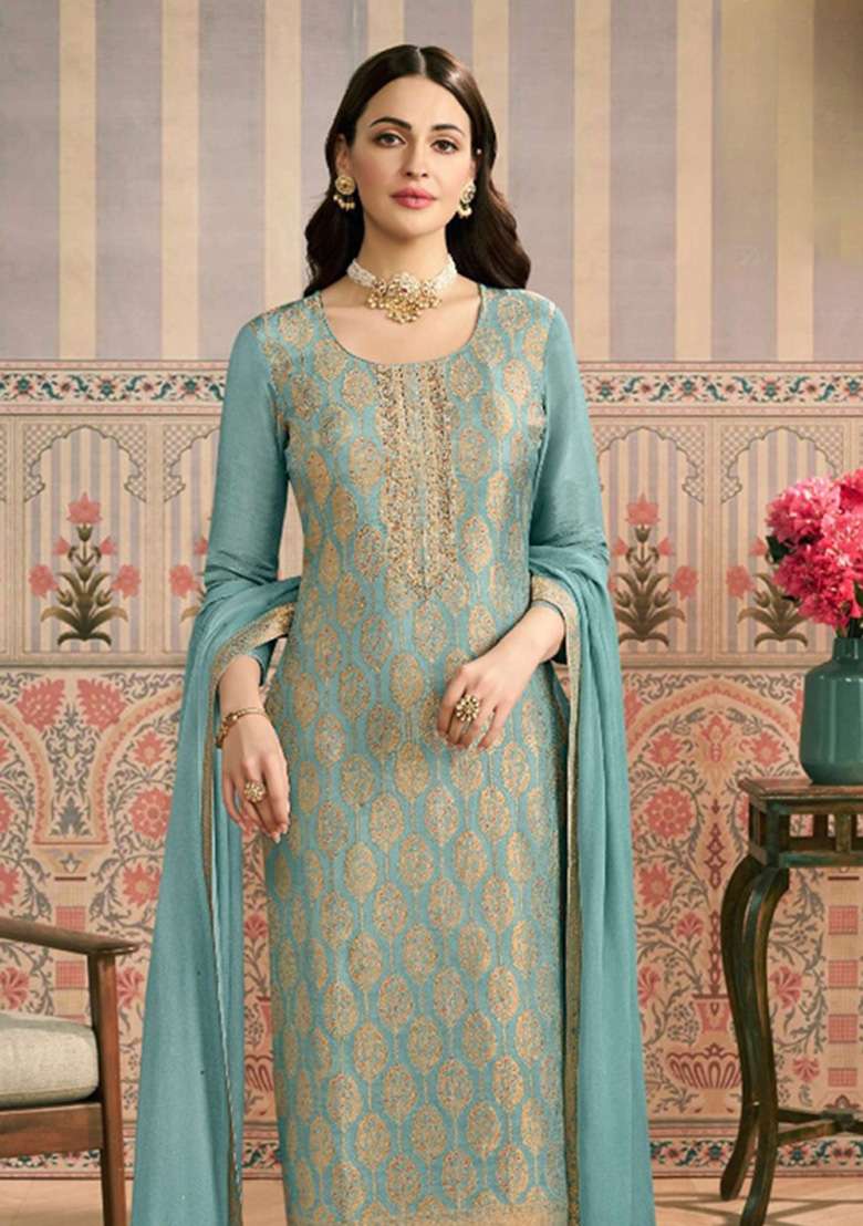 Sky Blue Jacquard Viscose Kurta Set - Indya