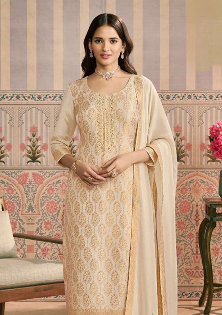Beige Jacquard Viscose Kurta Set - Indya