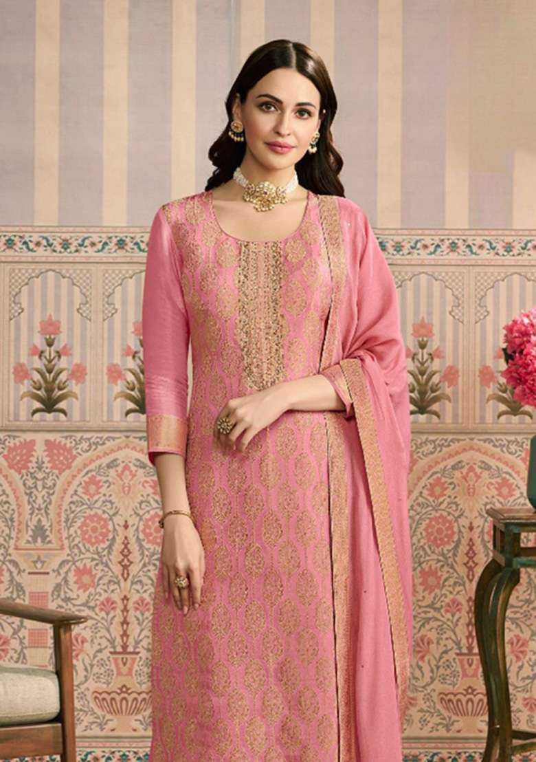 Peach Jacquard Viscose Kurta Set - Indya