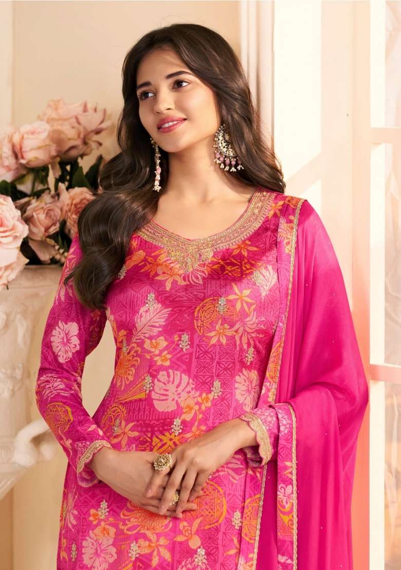 Magenta Printed Silk Kurta Set - Indya