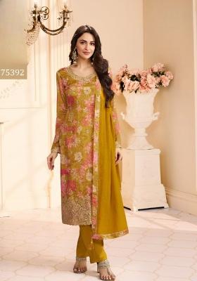 Mustard Printed Silk Kurta Set