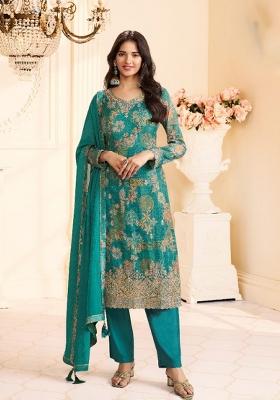 Teal Green Printed Silk Kurta Set