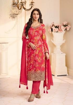 Red Printed Silk Kurta Set