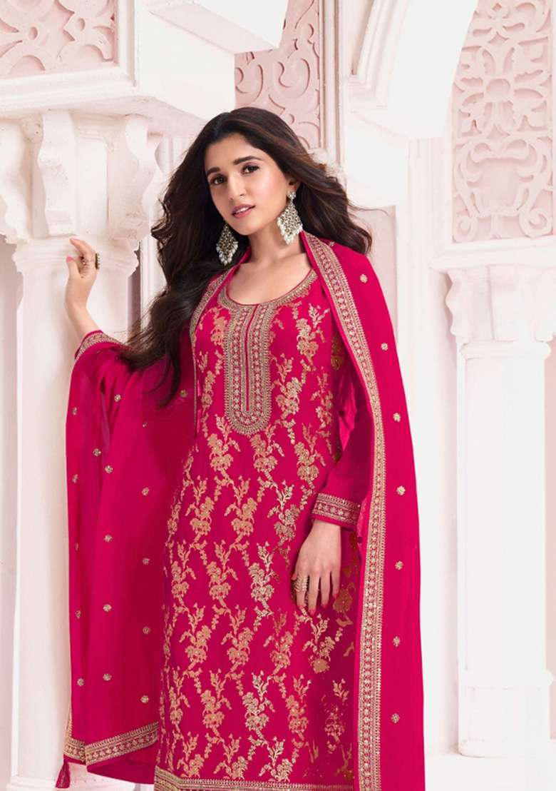 Rani Pink Embroidered Silk Kurta Set - Indya