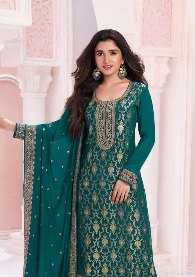 Dark Green Embroidered Silk Kurta Set - Indya