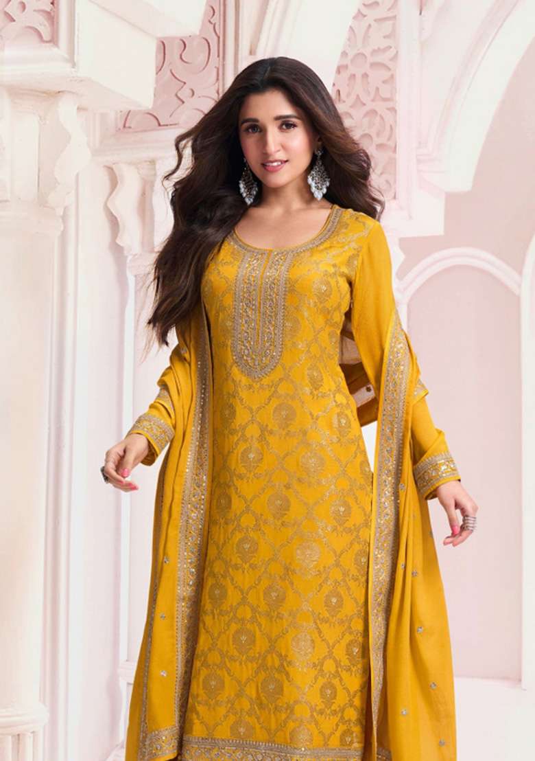 Yellow Embroidered Silk Kurta Set - Indya