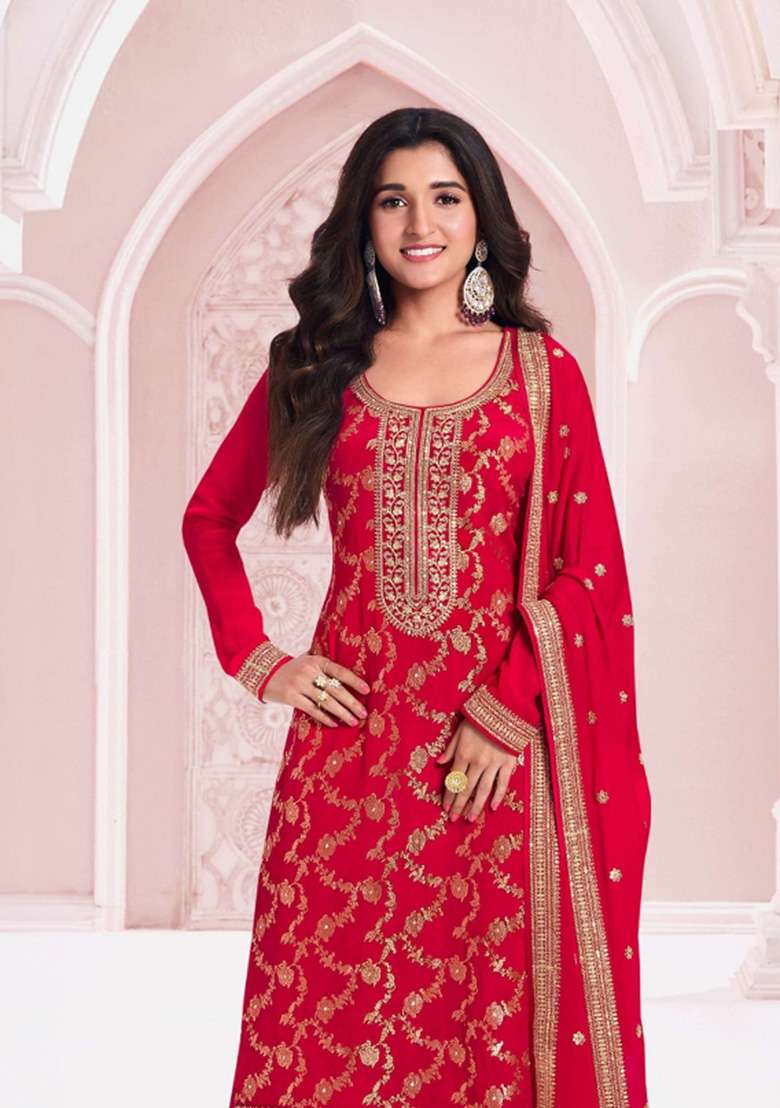 Red Embroidered Silk Kurta Set - Indya