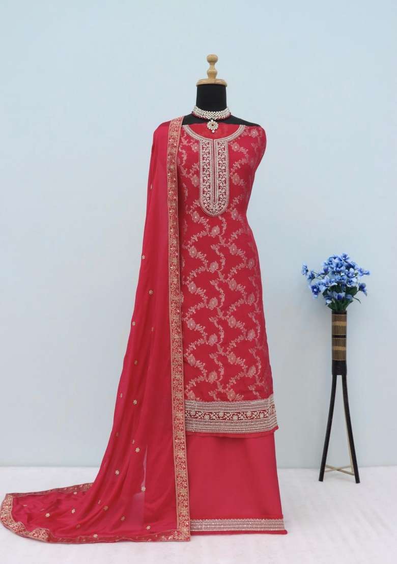 Red Embroidered Silk Kurta Set - Indya
