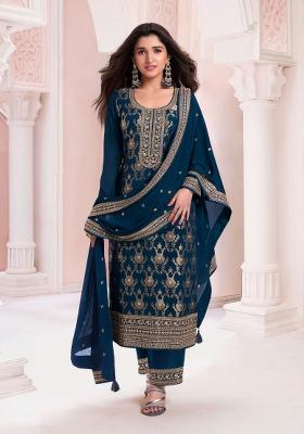Navy Blue Embroidered Silk Kurta Set