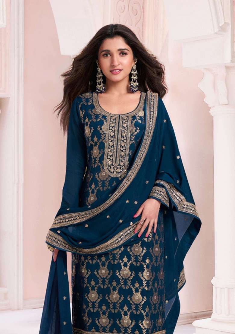 Navy Blue Embroidered Silk Kurta Set - Indya