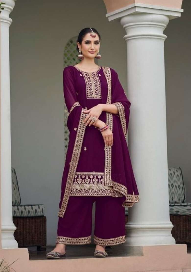 Purple Embroidered Georgette Kurta Set - Indya