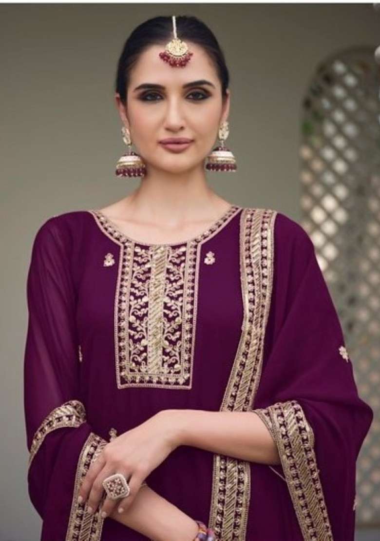 Purple Embroidered Georgette Kurta Set - Indya