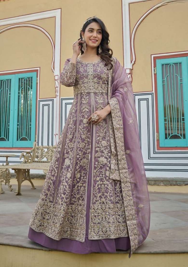 Lavender Embroidered Net Anarkali Set - Indya