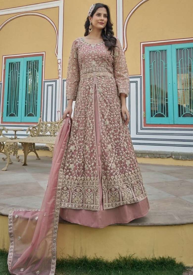 Peach Embroidered Net Anarkali Set - Indya