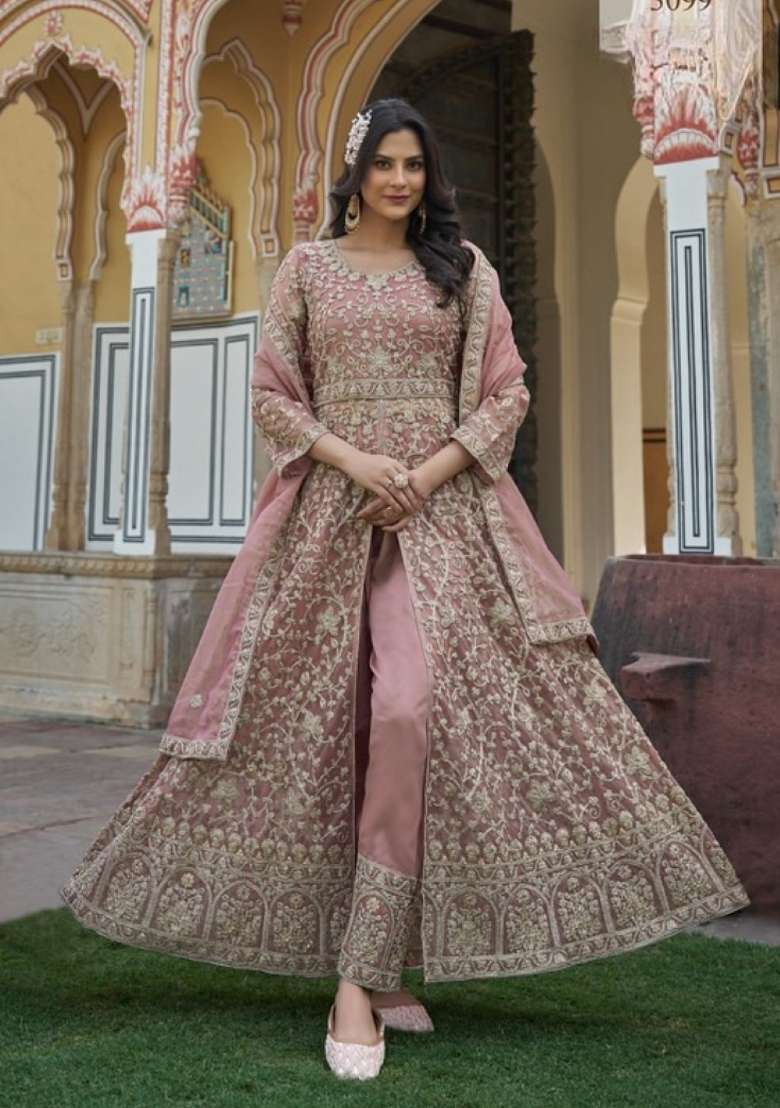 Peach Embroidered Net Anarkali Set - Indya