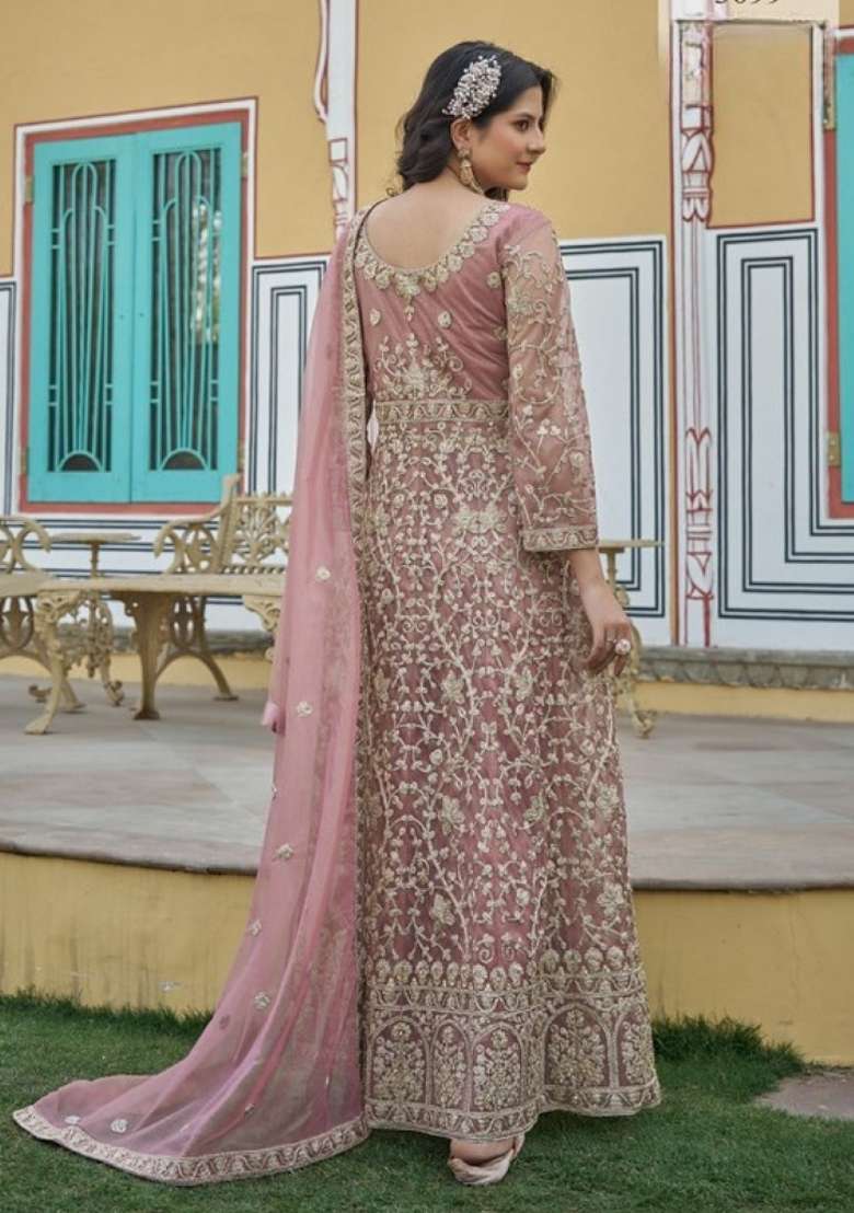 Peach Embroidered Net Anarkali Set - Indya