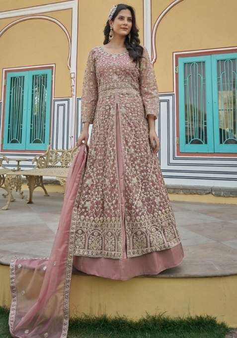 Peach Embroidered Net Anarkali Set