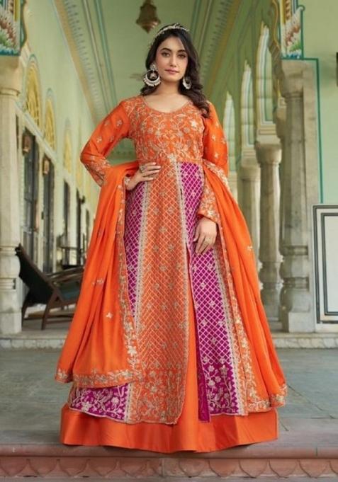 Orange Embroidered Silk Anarkali Set
