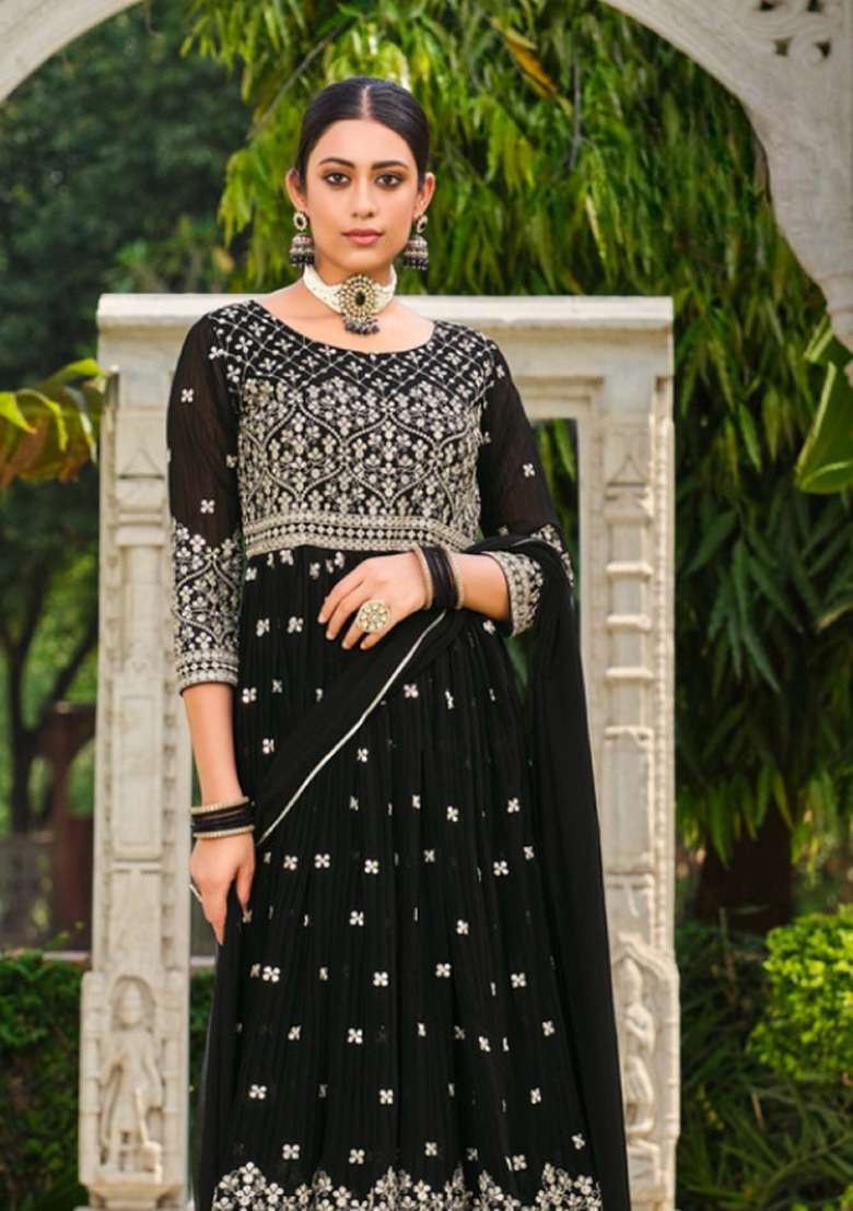 Black Embroidered Georgette Kurta Set - Indya