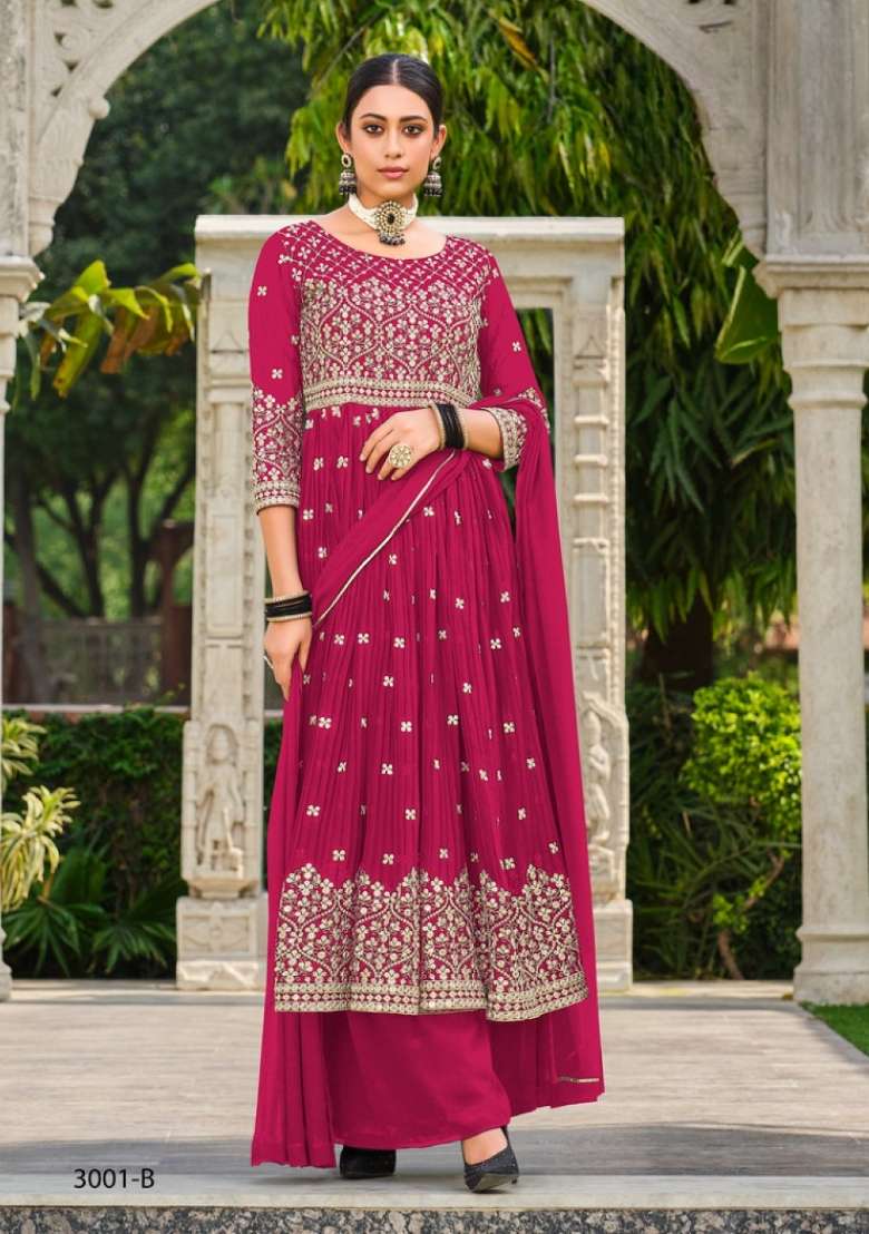 Red Embroidered Georgette Kurta Set - Indya