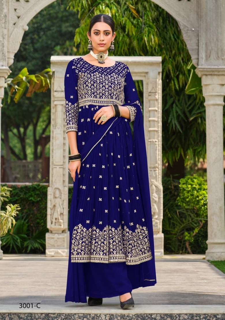 Navy Blue Embroidered Georgette Kurta Set - Indya
