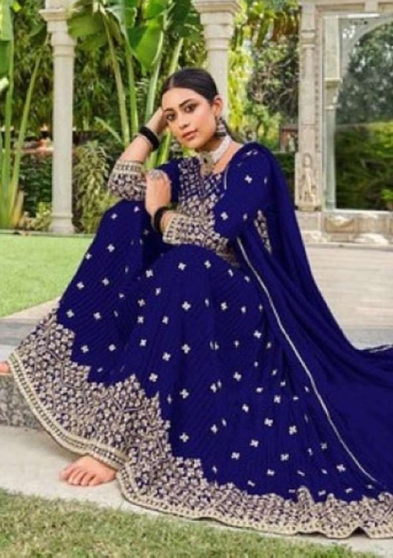 Navy Blue Embroidered Georgette Kurta Set - Indya