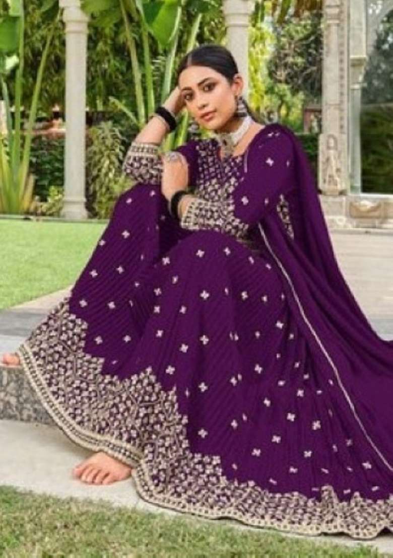 Purple Embroidered Georgette Kurta Set - Indya
