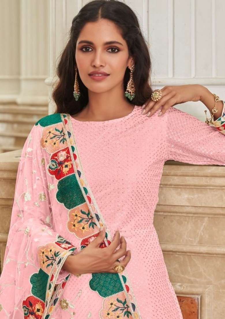 Baby Pink Embroidered Georgette Kurta Set - Indya
