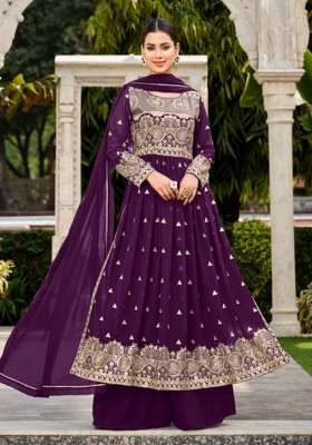 Purple Embroidered Georgette Kurta Set