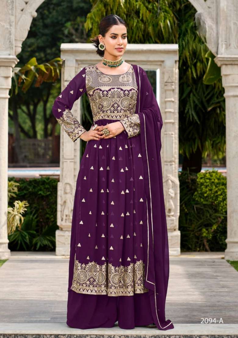 Purple Embroidered Georgette Kurta Set - Indya