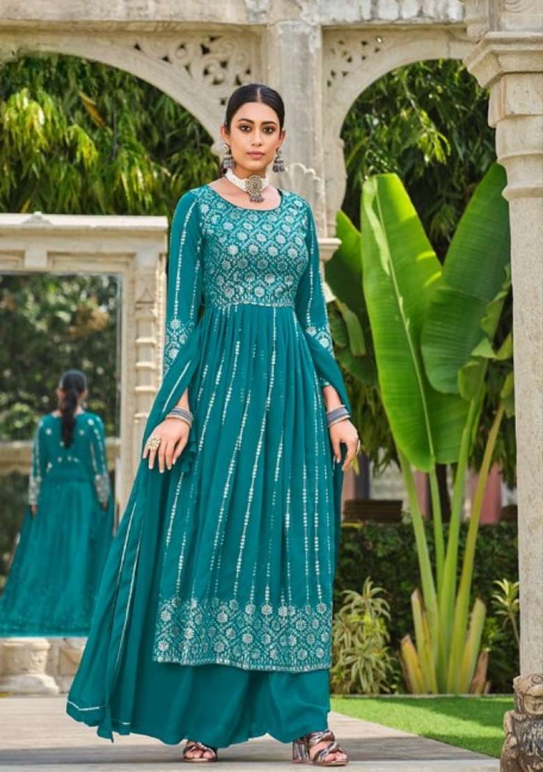 Blue Embroidered Georgette Kurta Set - Indya