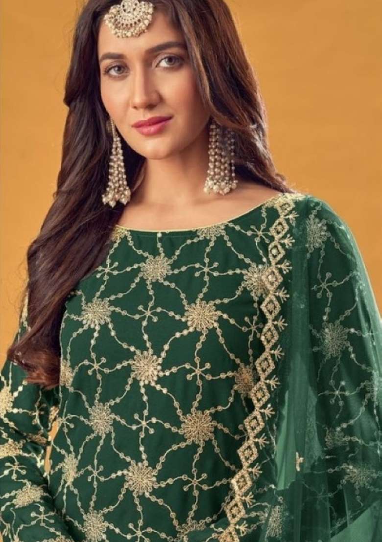 Dark Green Embroidered Georgette Kurta Set - Indya
