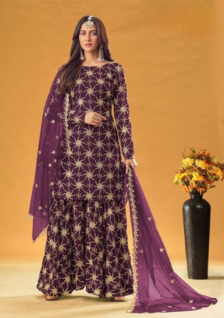 Purple Embroidered Georgette Kurta Set - Indya