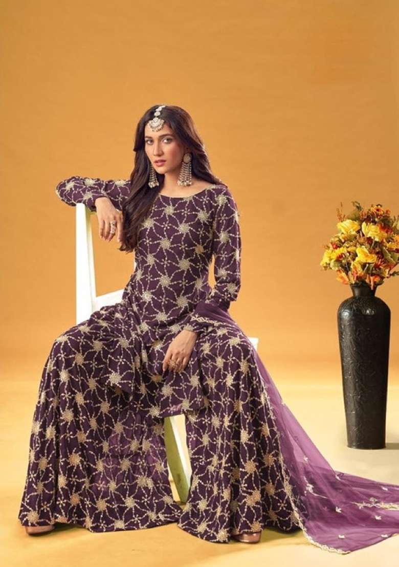 Purple Embroidered Georgette Kurta Set - Indya