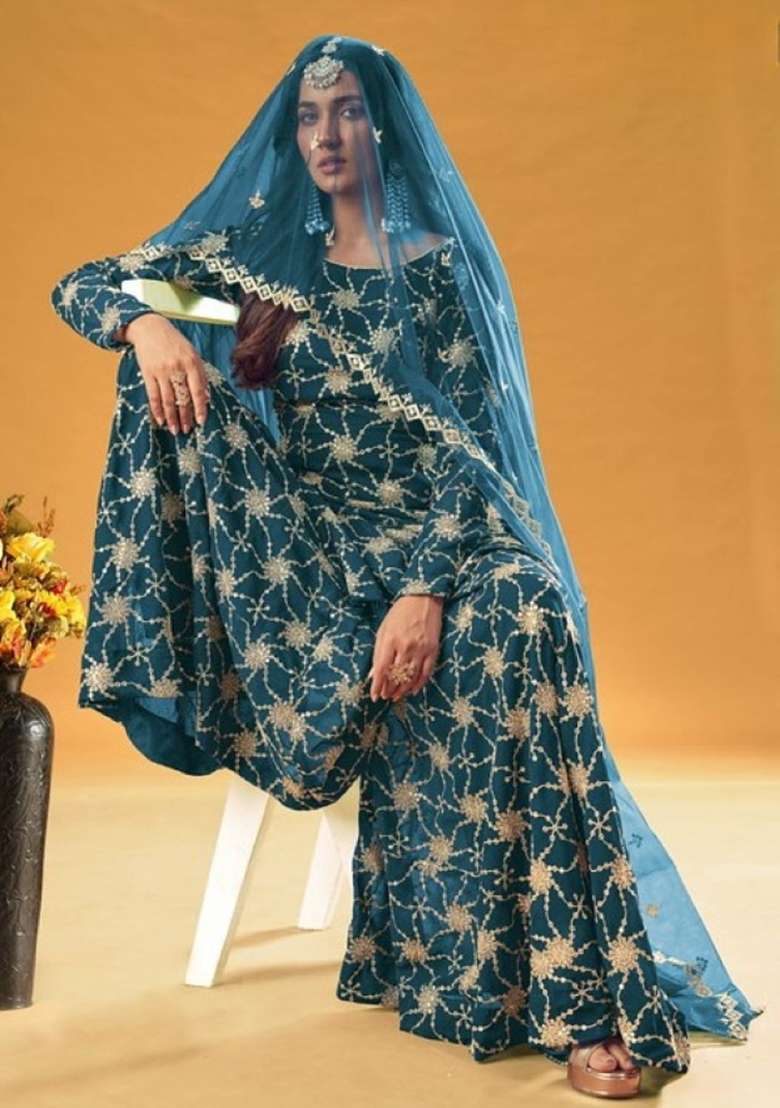 Teal Blue Embroidered Georgette Kurta Set - Indya