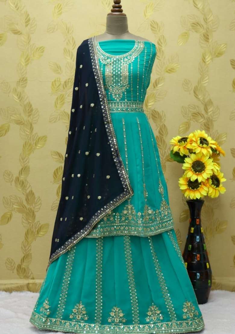 Blue Embroidered Georgette Kurta Set - Indya