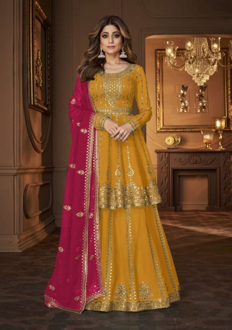Yellow Embroidered Georgette Kurta Set - Indya