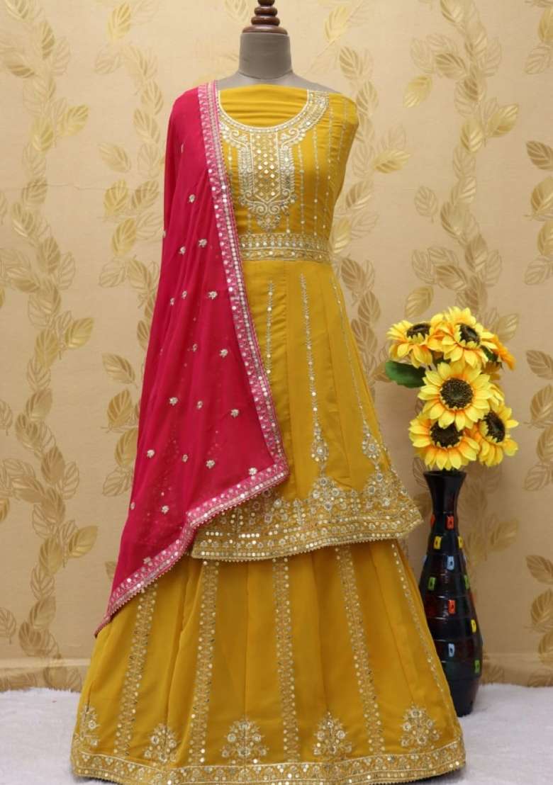 Yellow Embroidered Georgette Kurta Set - Indya