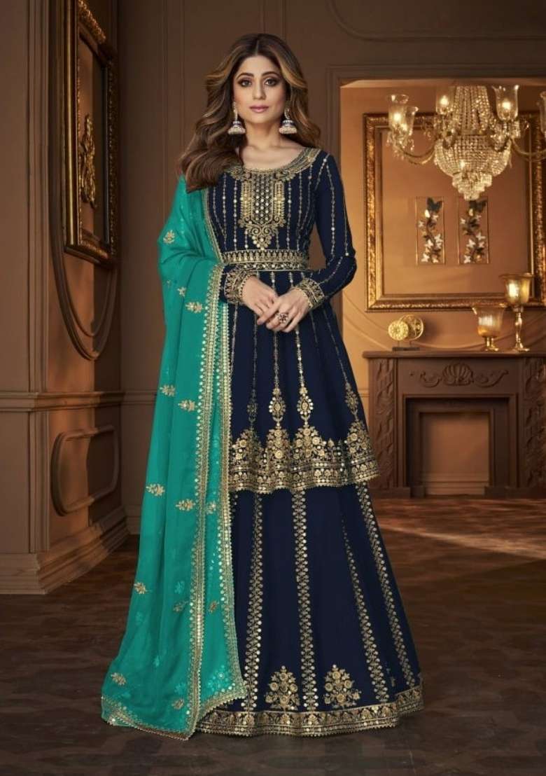 Navy Blue Embroidered Georgette Kurta Set - Indya