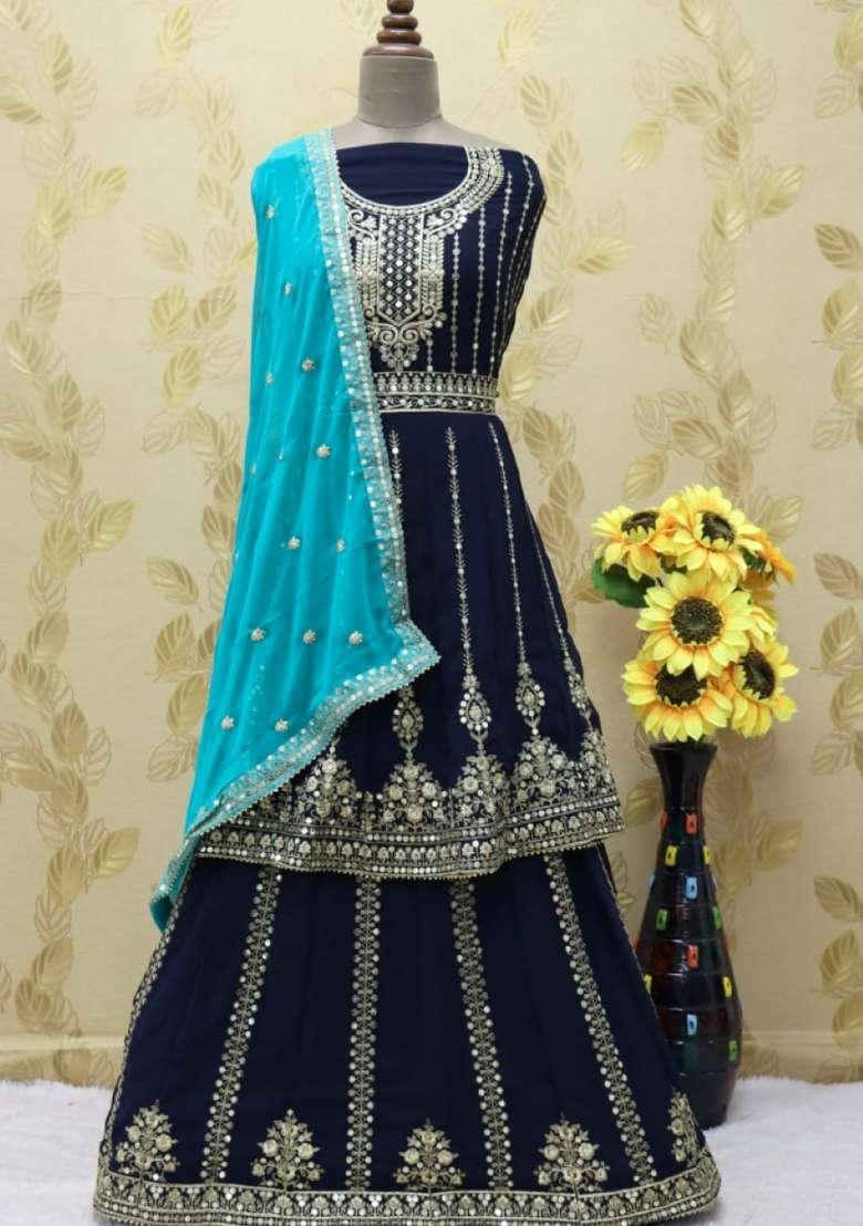 Navy Blue Embroidered Georgette Kurta Set - Indya