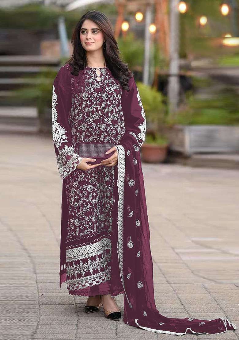 Purple Embroidered Georgette Kurta Set - Indya