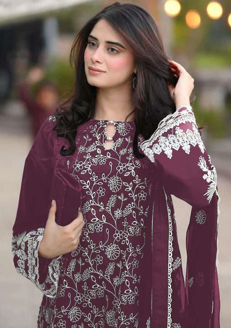 Purple Embroidered Georgette Kurta Set - Indya
